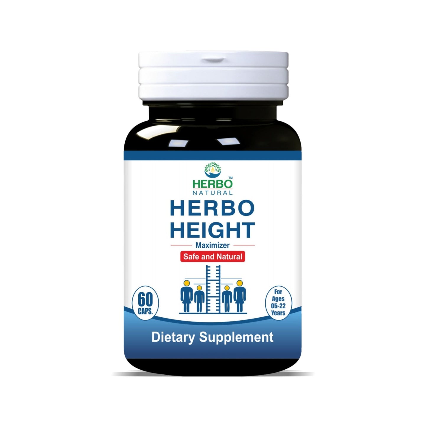Herbo Height dietary supplement bottle with branding and product information.