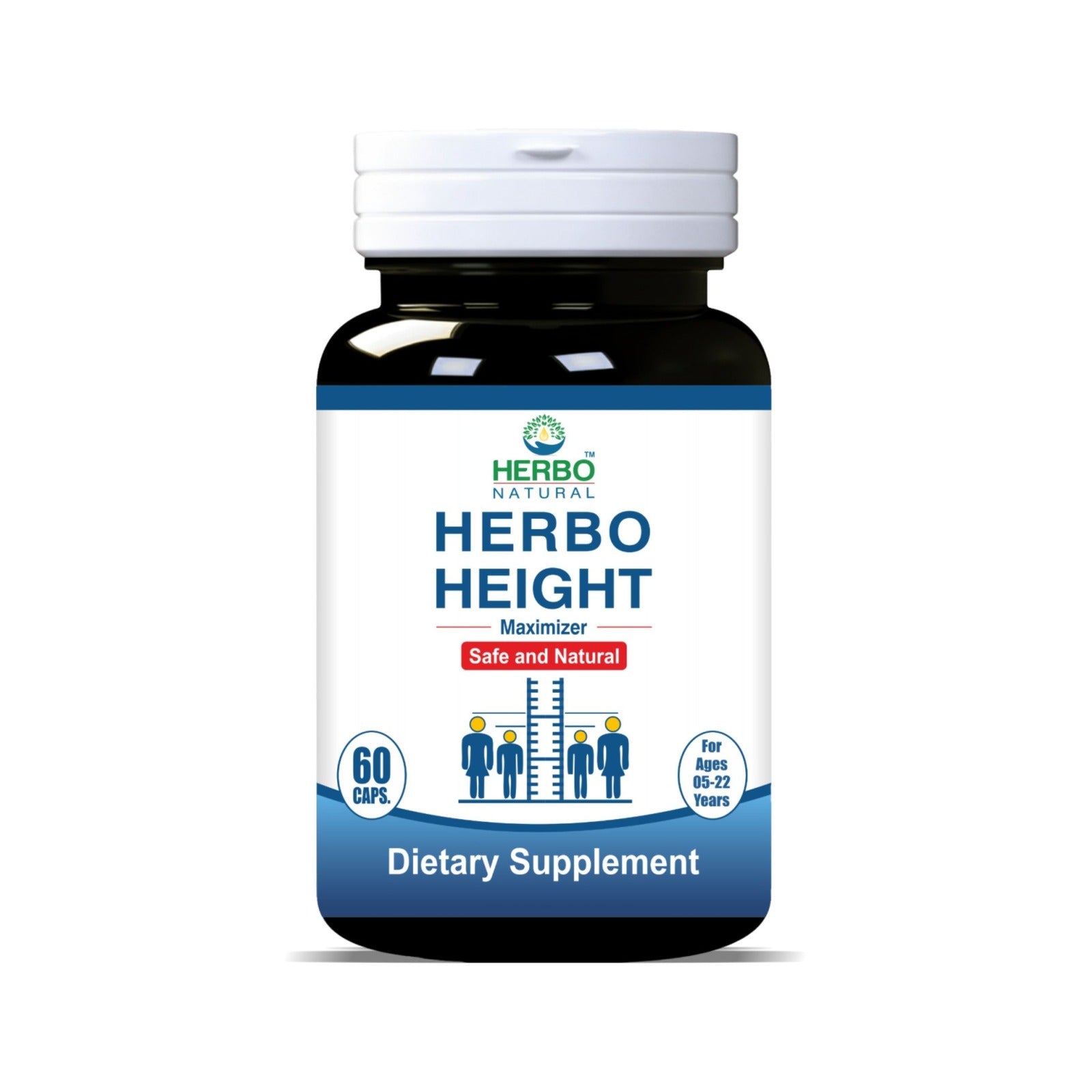 Herbo Height dietary supplement bottle with branding and product information.