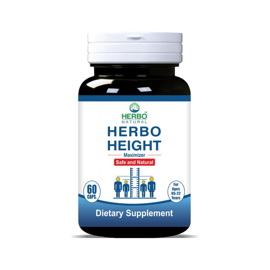 Herbo Height dietary supplement bottle with branding and product information.